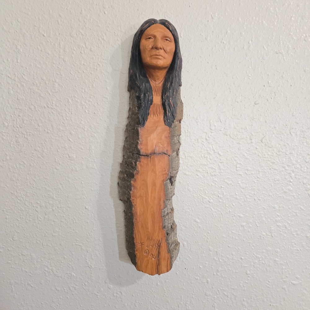 Arlo Furniss Hand-carved Wooden Native American Face Signed '96 Wall Hanging